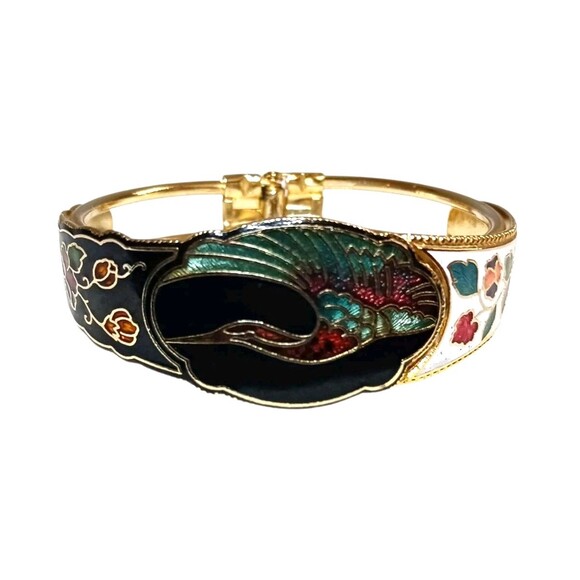 Unbranded Jewelry - Vintage Cloisonne Enamel Crane & Floral Clamp Hinged 7" Inch Bangle Bracelet